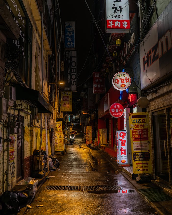 Explore the lively, narrow alleyways of Seoul at night with bright signage and bustling nightlife.
